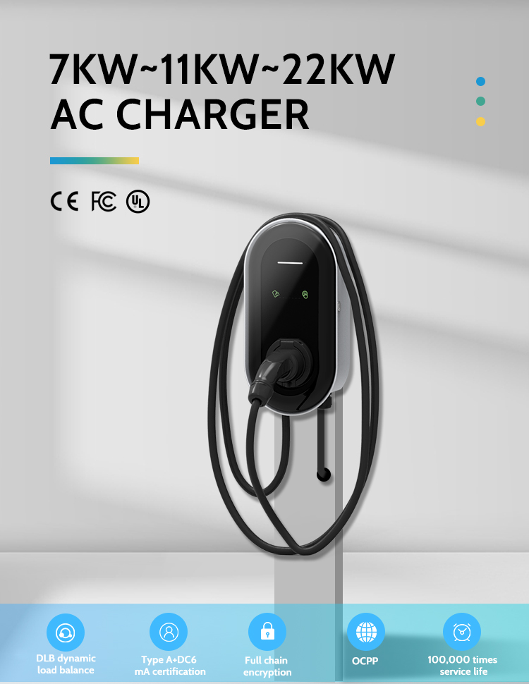 Wall-mounted/Column KIWI 22KW Fast EV Charger for 380v Input Voltage and Cable Type 1 2