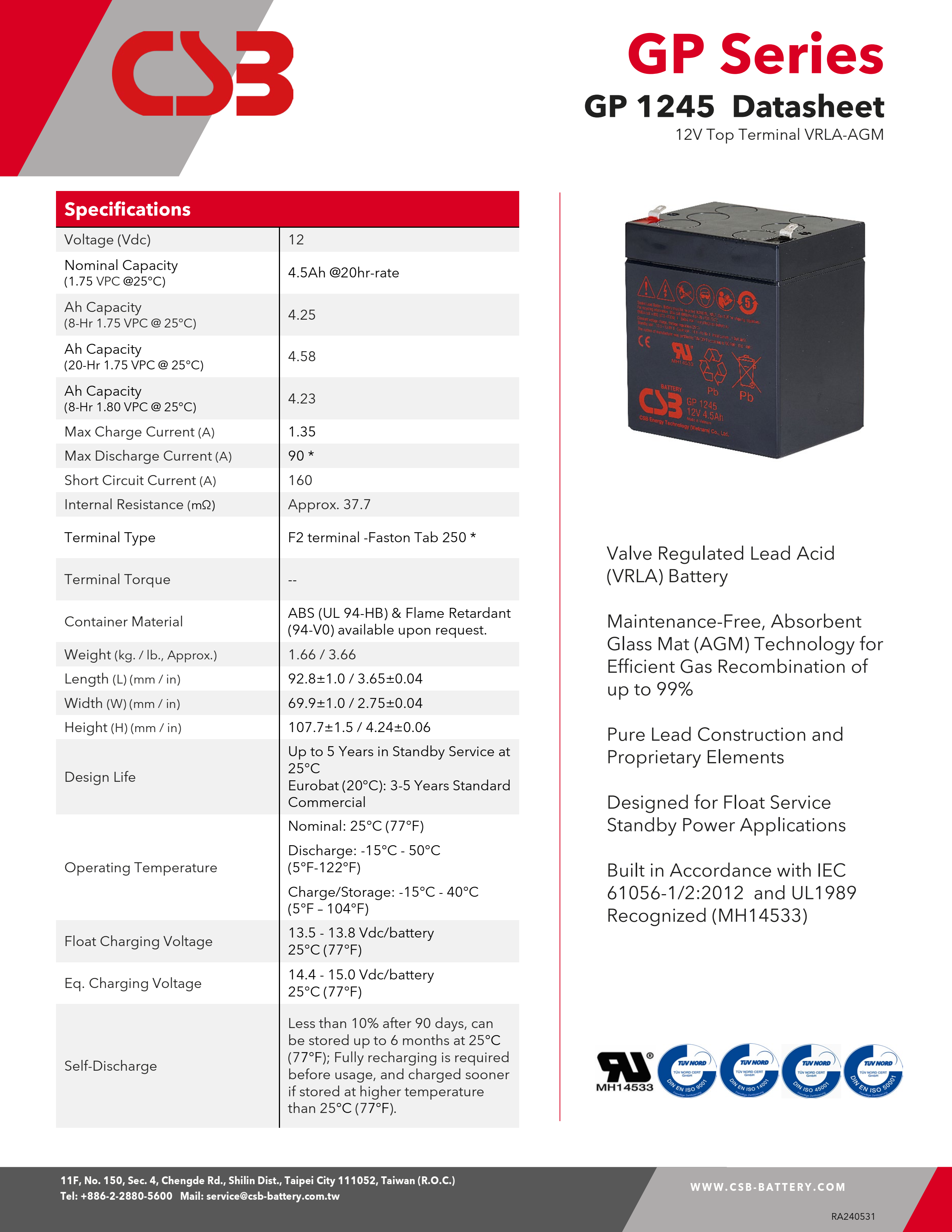 CSB Battery GP1245 12V 4.5Ah Energy Storage Maintenance Free Rechargeable VRLA 12V 4.5Ah CSB Battery