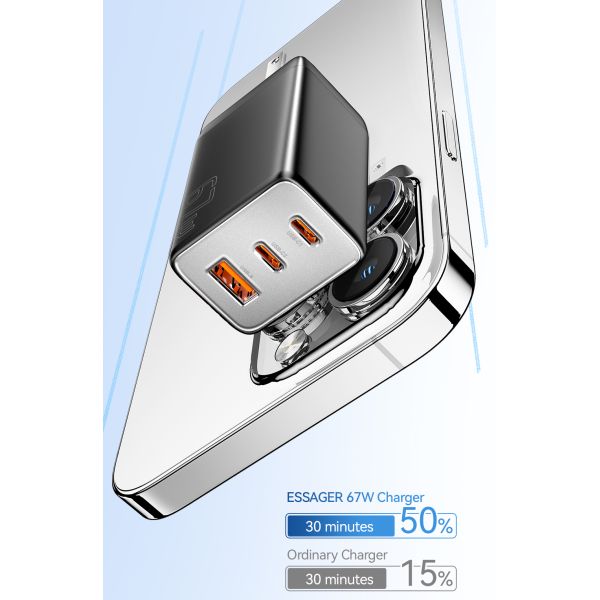 Cell Phone 3 Ports GaN Fast Charger USB C To USB C 67W ESSAGER G671A2CU1 Series