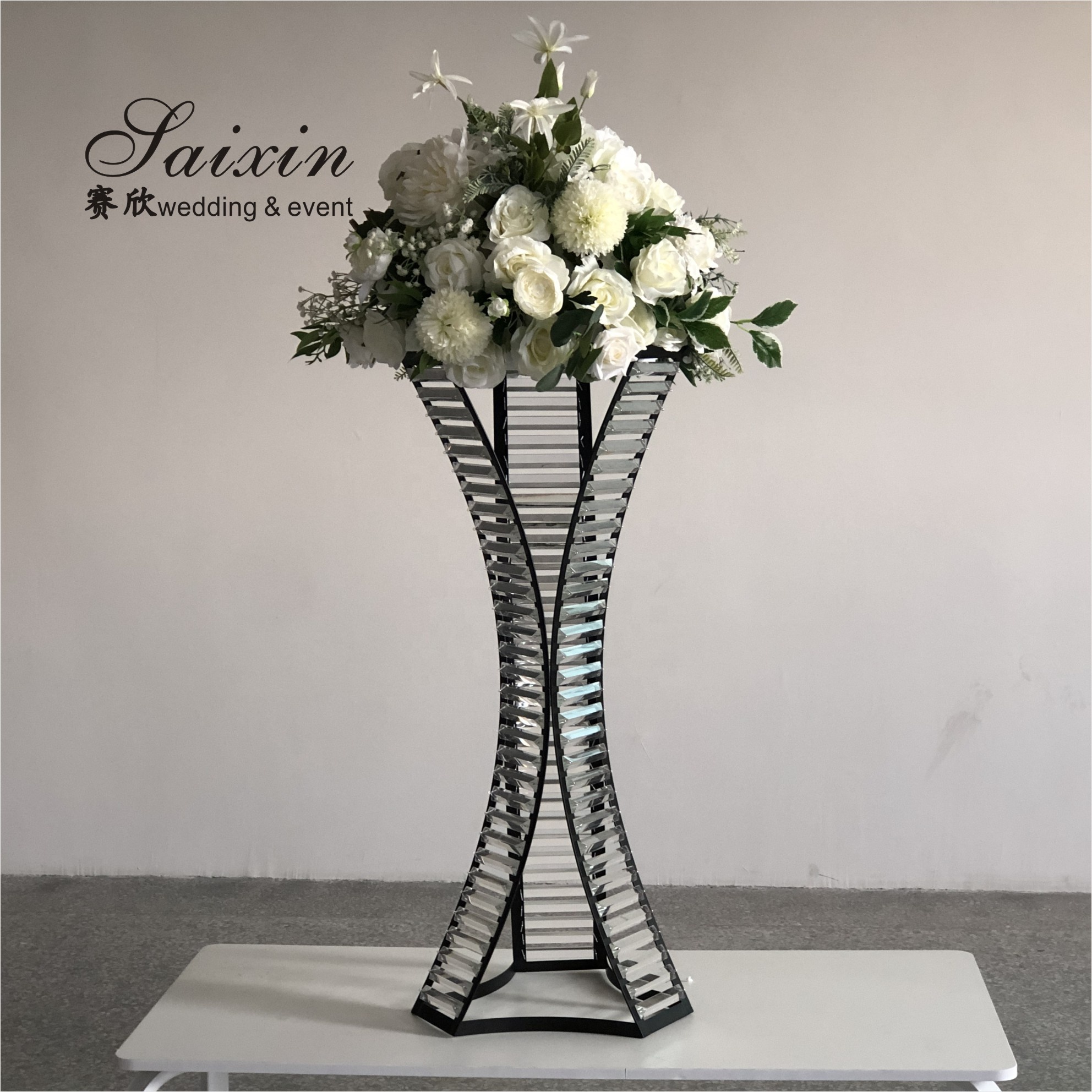 ZT-538 Saixin Metal Flower Stand With Crystal Beads Vases For Wedding Table Decoration