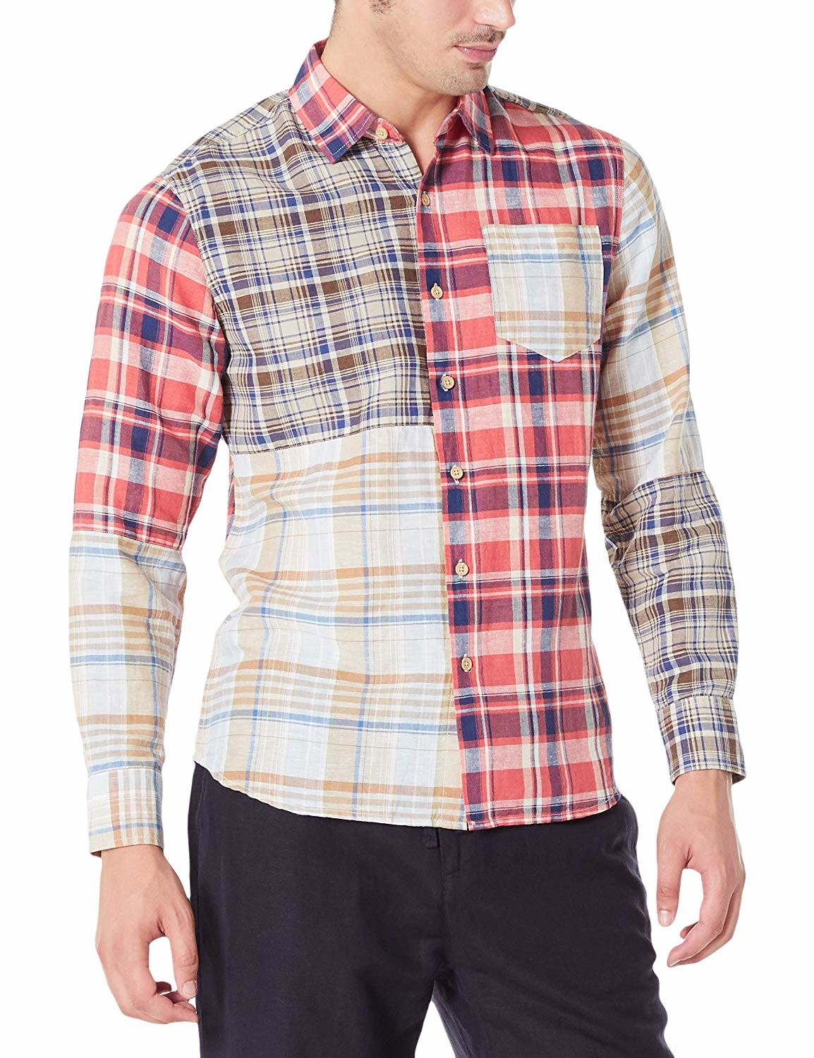 Mix Plaid checked Mens Casual Linen Shirts XS~XXXL With 48% Cotton