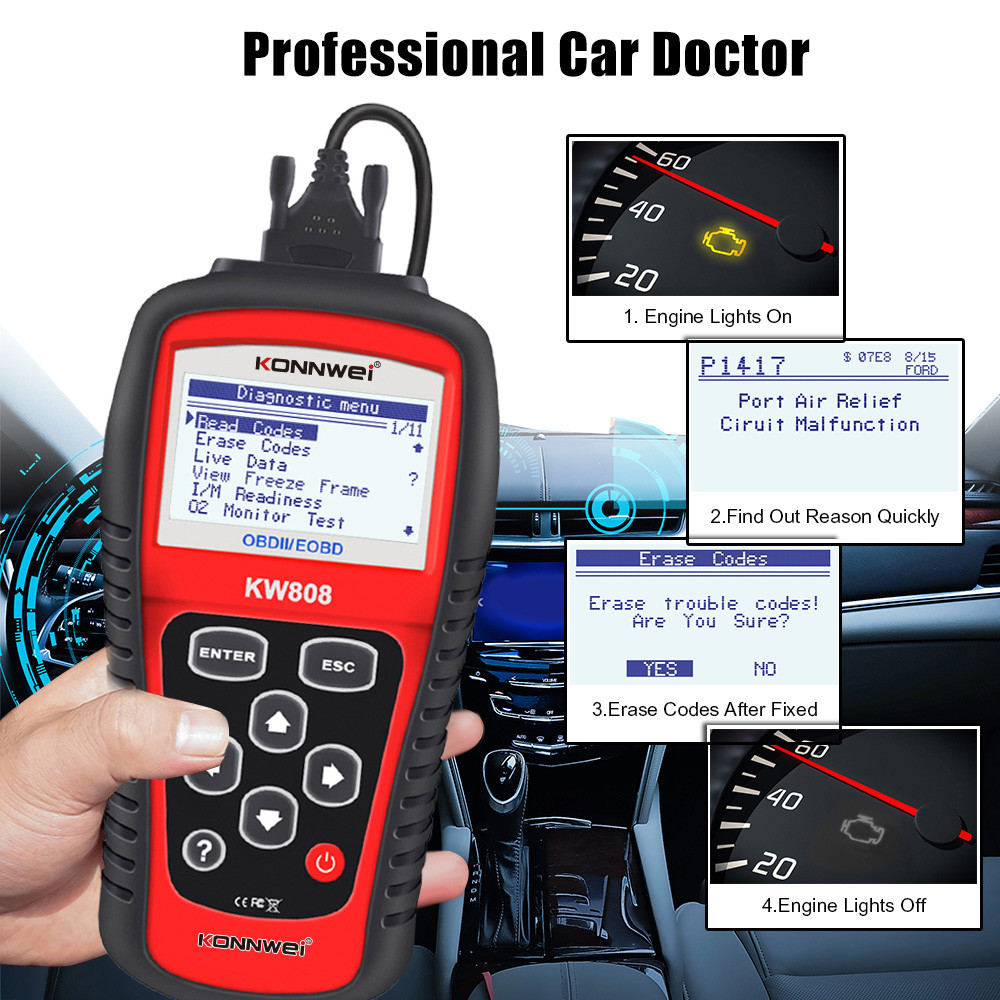 Universal Kw808 Konnwei OBD2 Scanner 5 Different Language Black And Red