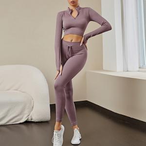Wholesale Sports Knit Two-Piece Set Europe and The United States New Hip Lift Elastic Fitness Cross-Border Spring and Autumn Seamless Yoga Suit Women from china suppliers