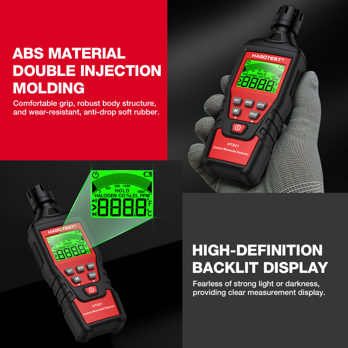 HT621 Carbon Monoxide Detector Alarm New Photoelectric Sensor Professional High Precision CO Gas Tester LCD Display
