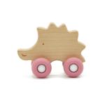Beech Wood Hedgehog Car Personalised Baby Rattle Food Grade Silicone