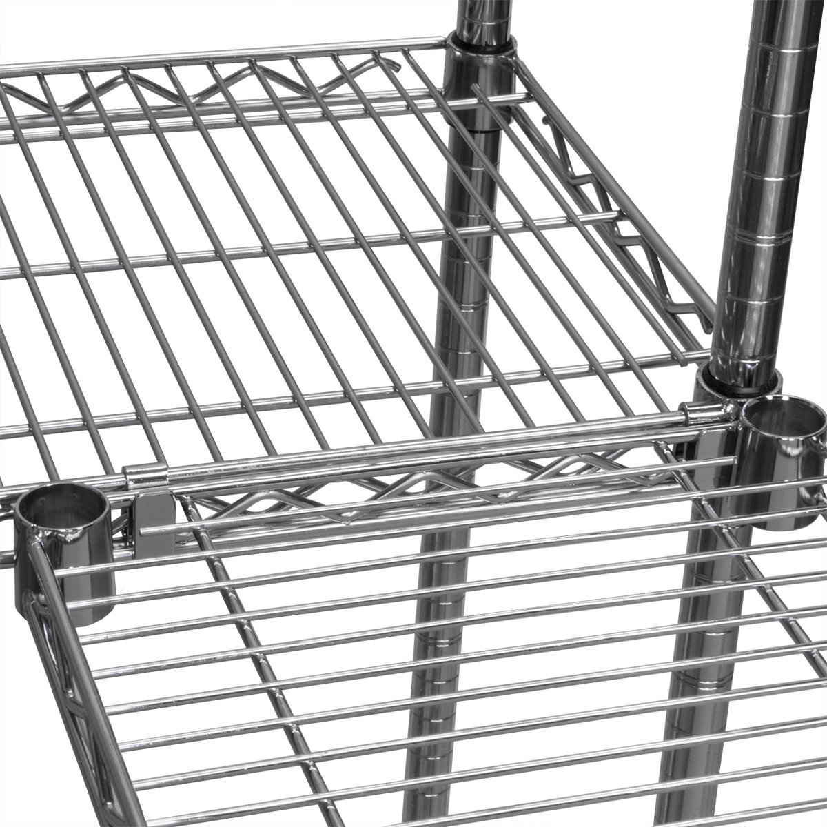 S hooks of wire shelving to keep two shelves at same level 