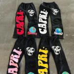 Patch Embroidery French Terry Acid Wash Raw Hem Distressed Flared Sweatpants