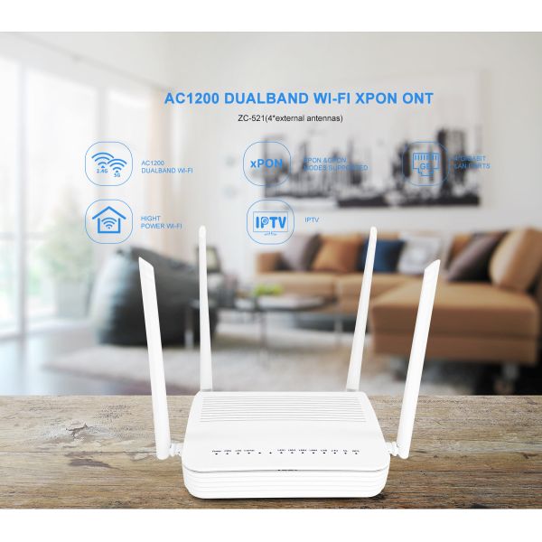 Dual Band ONU EPON GPON AC1200 4 Antennas Wifi XPON ONT For FTTH