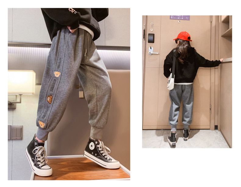 Thickened Warm Casual Grey Black Childrens Joggers Cartoon Bear Pattern