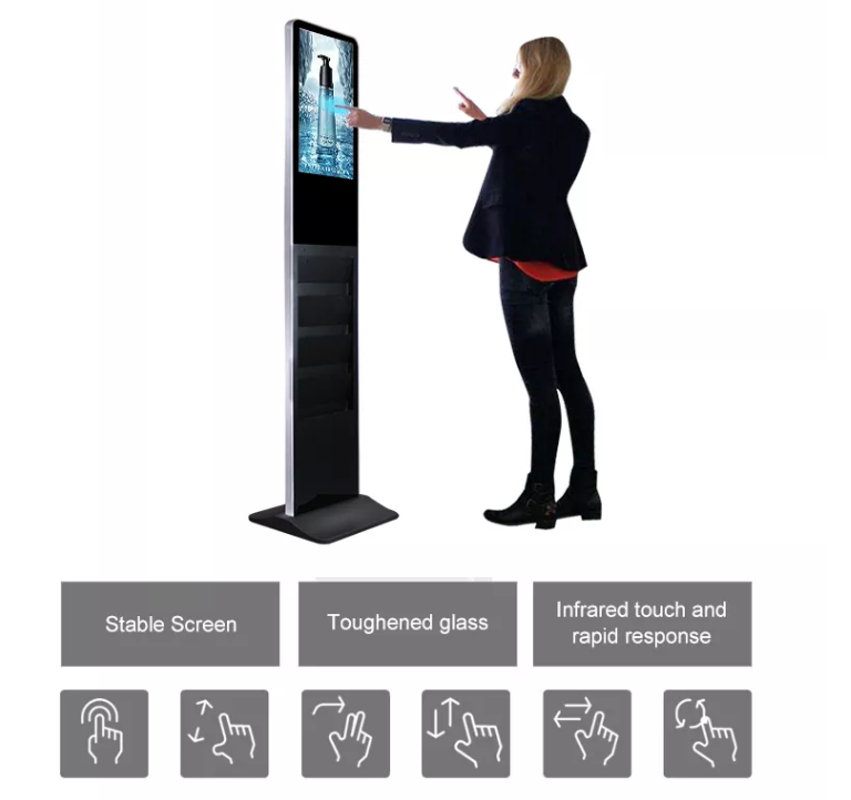 Interactive 21.5 Inch FHD Standing Touch Screen Kiosk With Catalog Brochure Holder