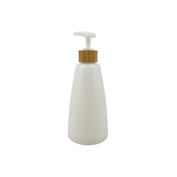 White Matte Conical Plastic Lotion Bottle With Bamboo Cap 250ml Cosmetic