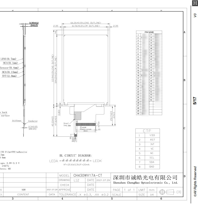 4.3 Inch TFT NT35510 480*800 Small LCD Touch Screen For POS Machine