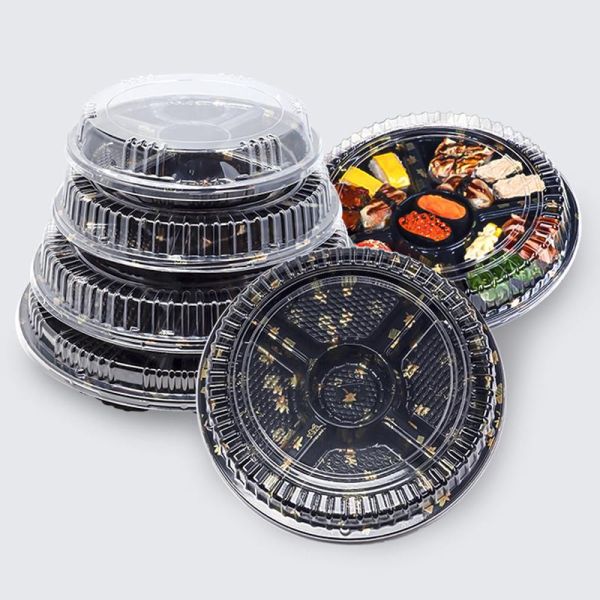 Clear Plastic Sushi Box Black Pattern Golden Maple Leaf 5 Compartments With Lid