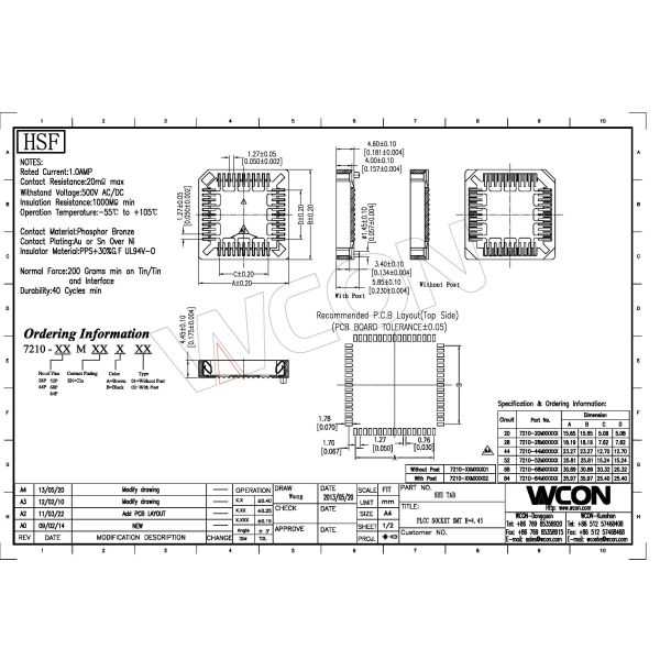 PLCC Socket Connector 1.27 Mm Female Header SMT Phosphor Bronze Sn Plated