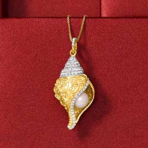 Wholesale 6mm Cultured Pearl White Topaz Seashell Pendant Necklace in 18kt Gold Over Sterling from china suppliers