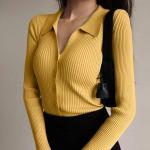 2023 Lapel Slim Top Women′s Hollowed out Button Sexy V-Neck Long-Sleeved Polo