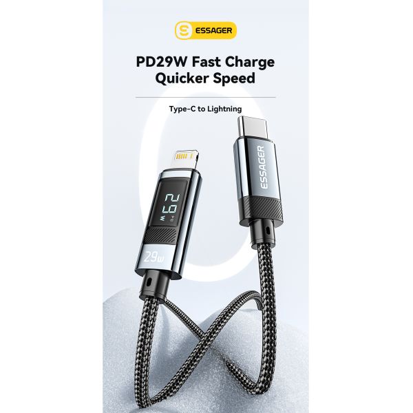 ESSAGER ES-X47 1m 2m PD29W Wired Braided Portable Usb C To Lightning Cable For Fast Charging