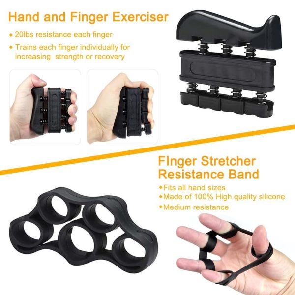 Hand Grip Strengthener Kit 5 Pack Black Adjustable Grip Trainer Finger Exerciser Grip Ring And Stress Ball For Hand Wrist And Forearm Training